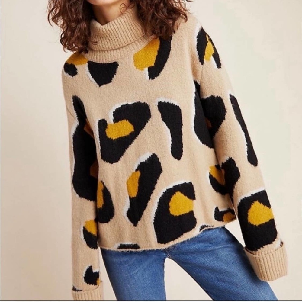 Anthropologie Moth Georgia Leopard Animal Turtleneck Sweater Tan Black Sz Small - Picture 1 of 8